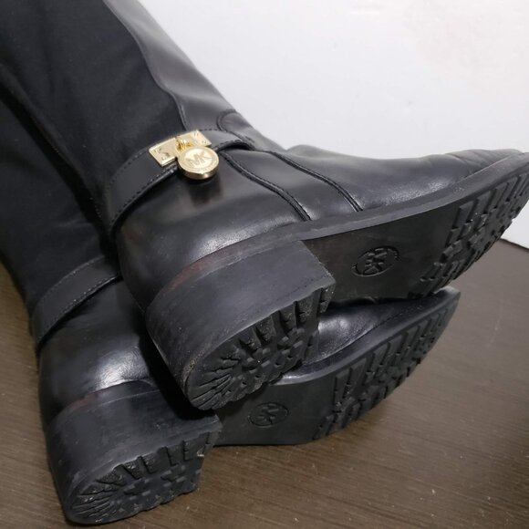 MICHAEL Michael Kors Hamilton Black Leather Stretch Zip Boots Gold Logo 7,5M - Picture 16 of 16